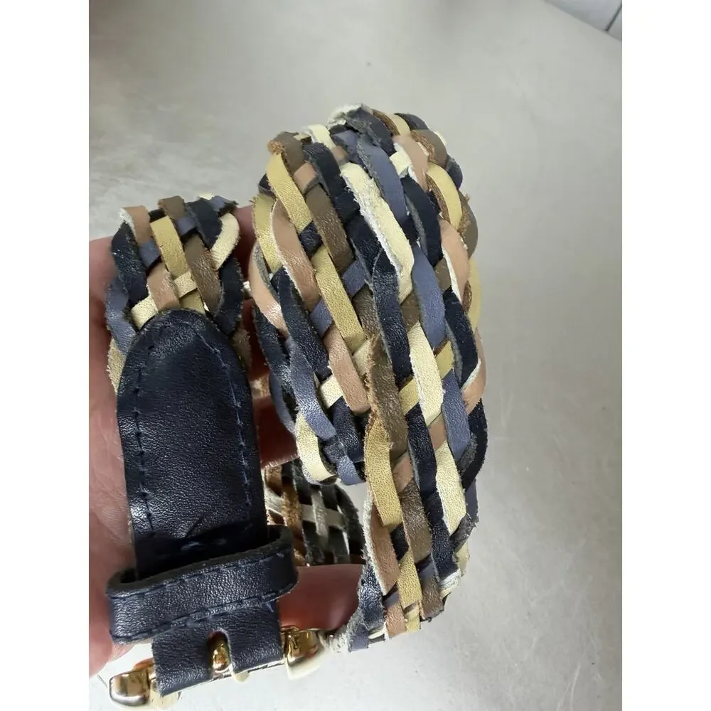 Vintage Chic 90s Y2K Braided Leather Belt Blue Taupe Multicolor Size Small